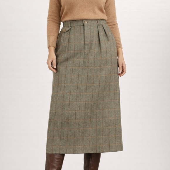 Talbots Dresses & Skirts - Vintage 80s Talbots Wool Blend Olive Green Plaid Tweed Pleated Pencil Midi Skirt